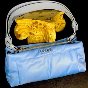 Ganni blue nylon puffer mini bag. Silver hardware.